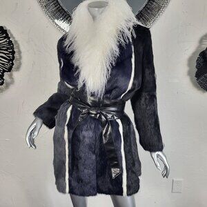 $595~JOCELYN~SZ M~BLACK GRAY NAVY WHITE GENUINE REAL RABBIT FUR COAT JACKET